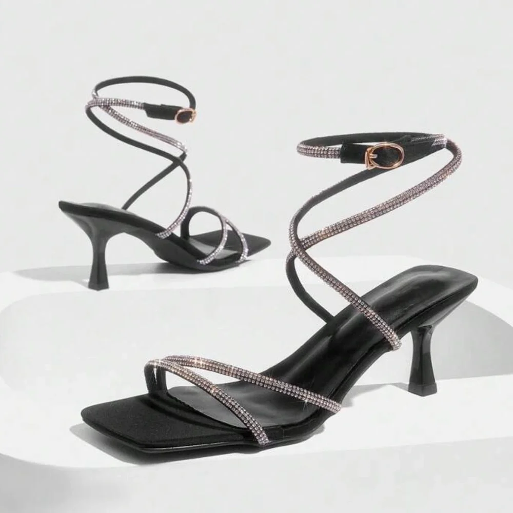 Rhinestone Black Strappy Heels (2.6inch Heel) - Picture 4 of 8